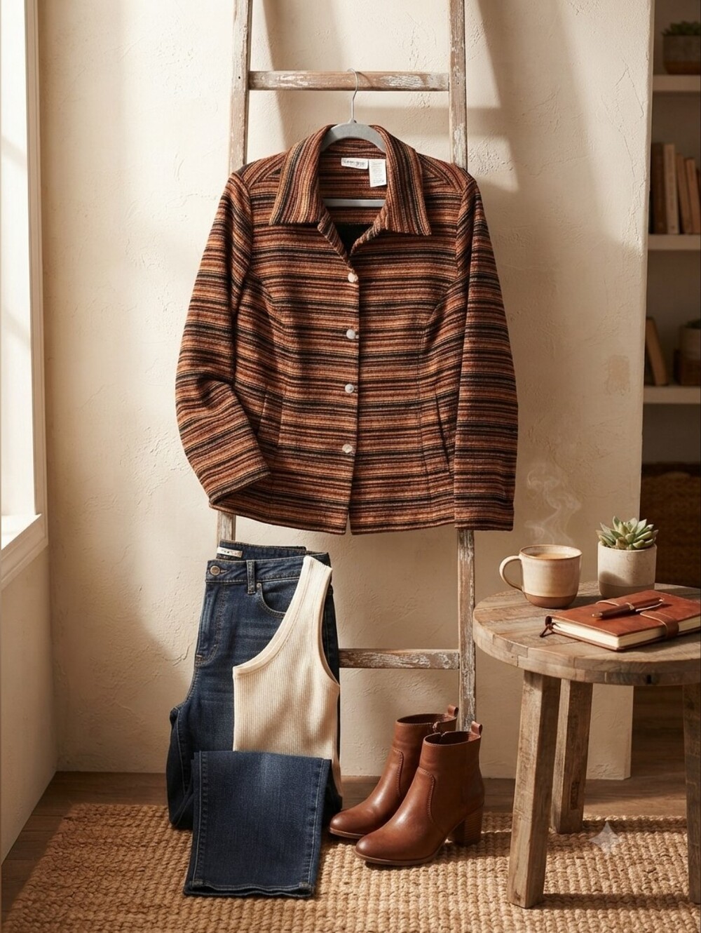 White Stag Brown Striped Button Front Jacket Cardigan Size 14W 16W EUC